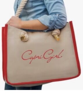 Faraone Mennella Capri Girl Red and Natural Canvas Tote Bag Rope Handles NWOT